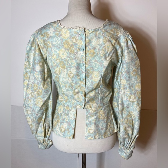 Bohemian Floral Square Neck Peplum Button Up At Back Lace Long Sleeve Blouse S - Picture 4 of 6